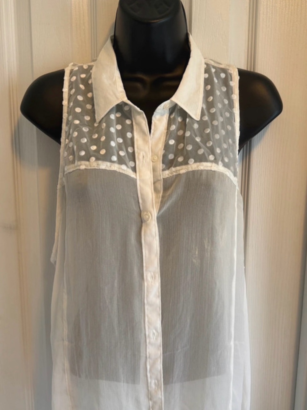 Hollister Sheer White Polka Dot Sleeveless Button-Up Top